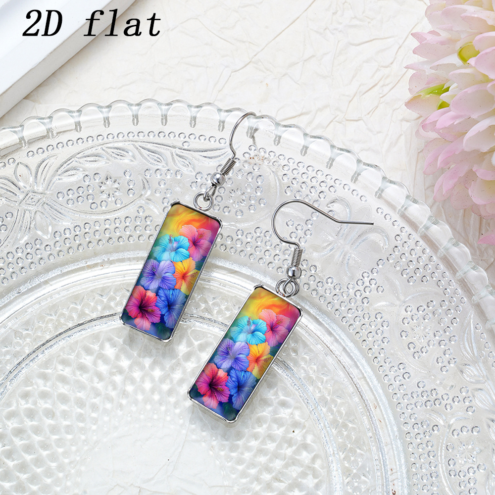 Women's 2D Flat Rainbow Hibiscus Flower Glass Cabochon Earrings